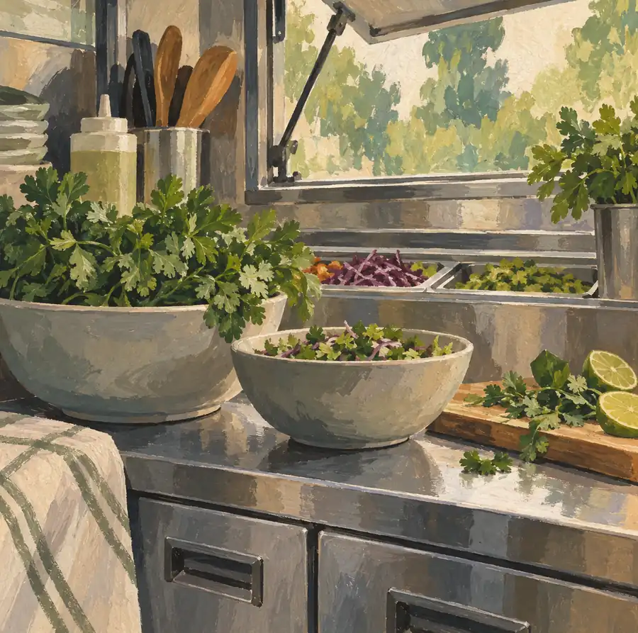 Illustration of mobile food businesses equipment and workspace