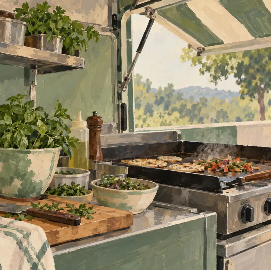 Illustration of mobile food businesses equipment and workspace